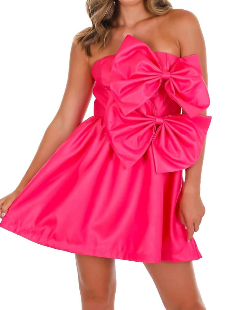 Front of a model wearing a size L Heart Shine Double Bow Mini Dress In Fuchsia in Fuchsia by Peach Love. | dia_product_style_image_id:344689